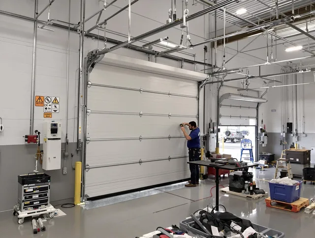 Commercial garage door repair being performed by Palm Harbor Garage Door Repair expert in Palm Harbor