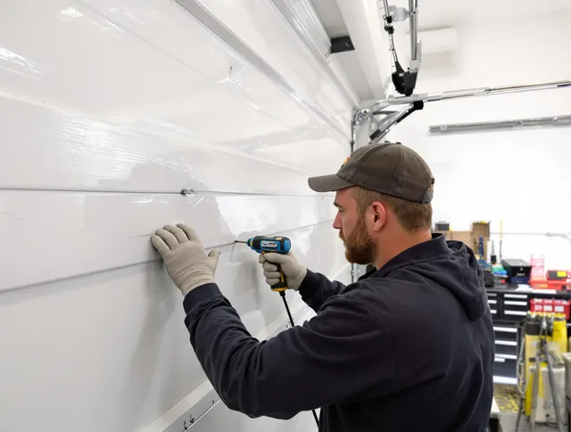 Palm Harbor Garage Door Repair technician demonstrating precision dent removal techniques on a Palm Harbor garage door