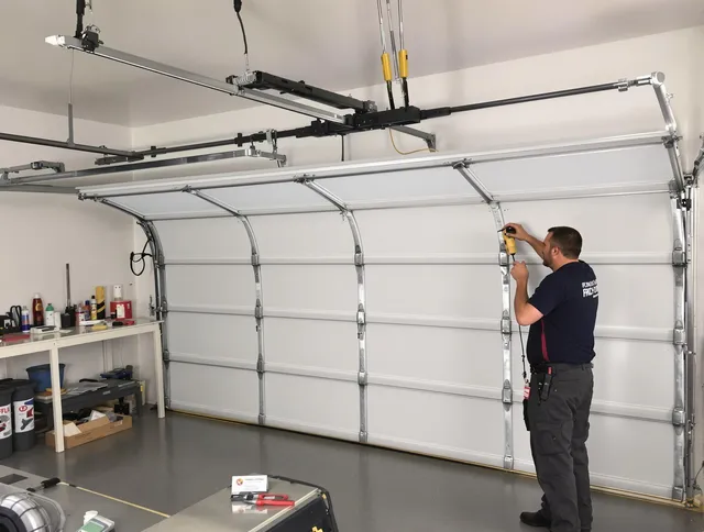 Palm Harbor Garage Door Repair certified technician performing overhead door system repair in Palm Harbor