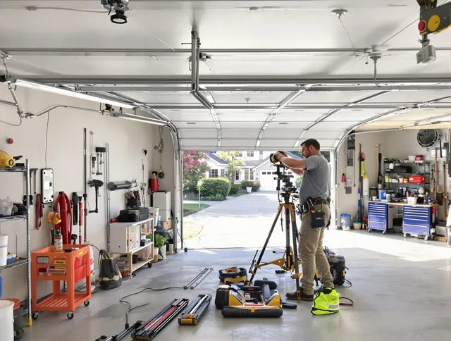Palm Harbor Garage Door Repair specialist performing laser-guided track alignment in Palm Harbor